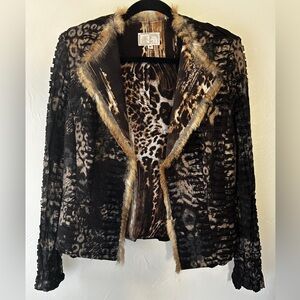 Vintage Alberto Makali Fur Trim Leopard Blazer Jacket Size Medium